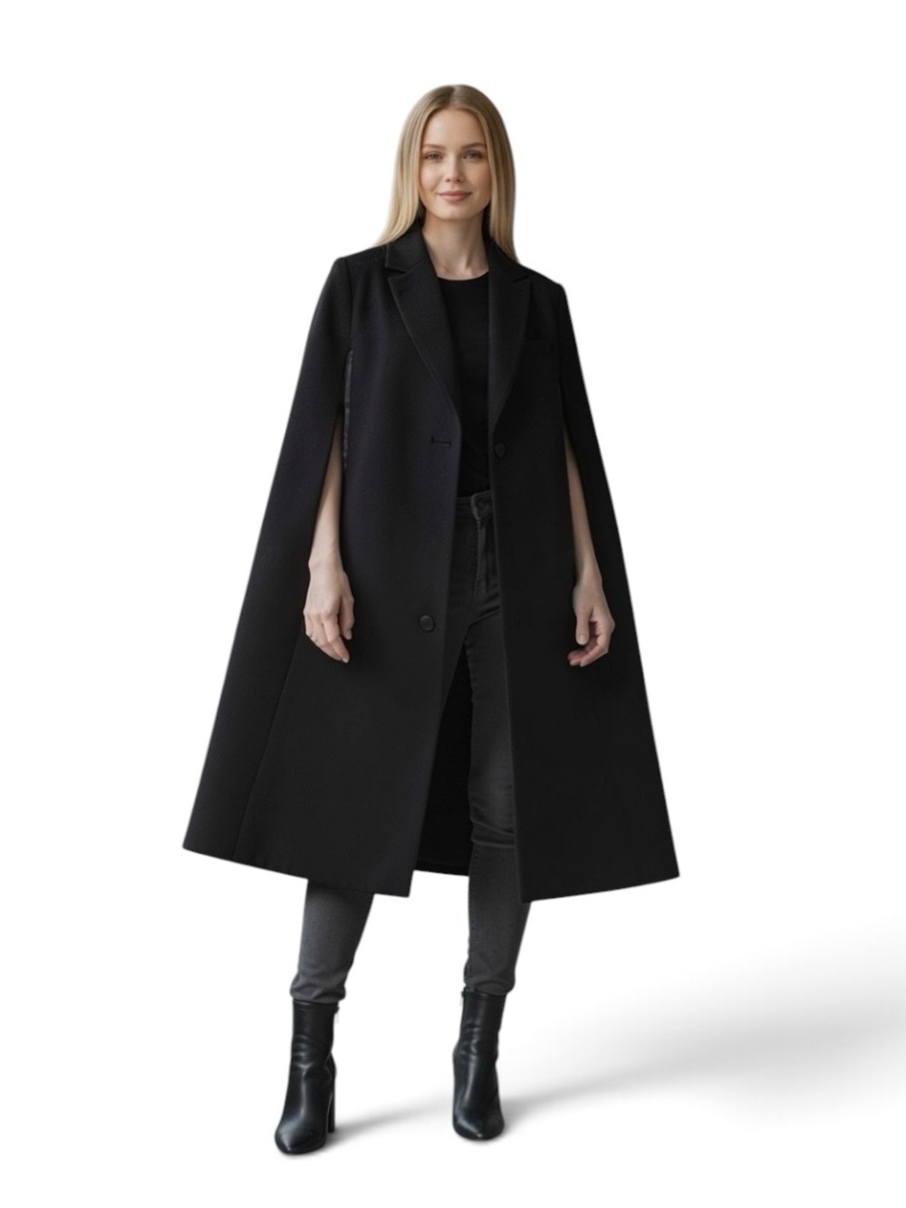 Vintage Lord & Taylor Black Wool Blend A-Line Women's Cape Coat, large